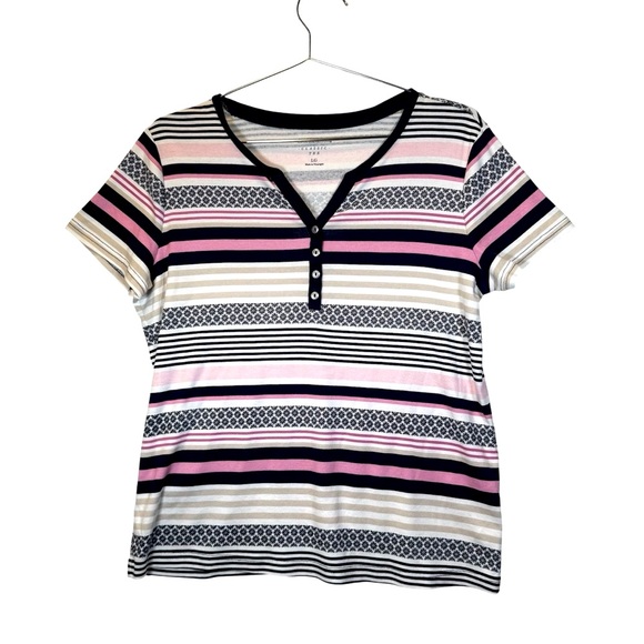 croft & barrow Tops - Croft & Barrow Pink and Black Striped V-Neck Tee Size LG